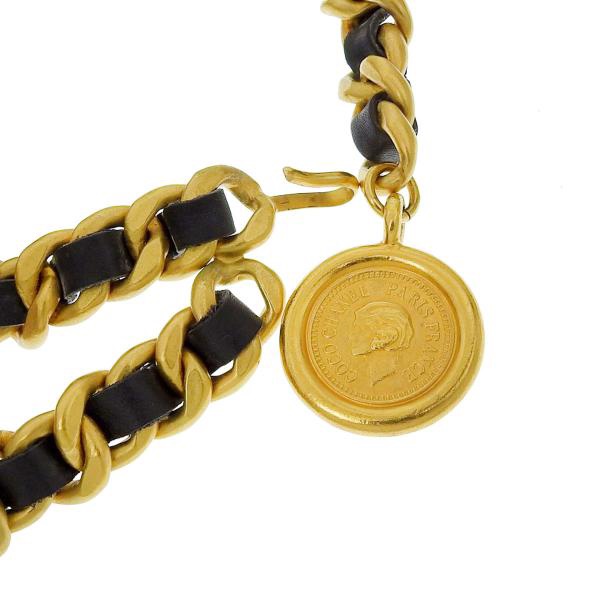 Chanel vintage香奈兒復古經典黑金雙層垂墜穿皮鏈條coco可可女士金幣造型標誌腰鍊 腰鏈 腰帶 皮帶-2