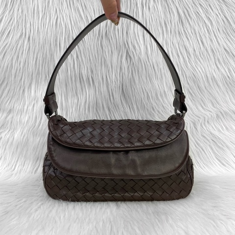 Bottega Veneta 142467咖啡皮革編織雙蓋手提腋下包