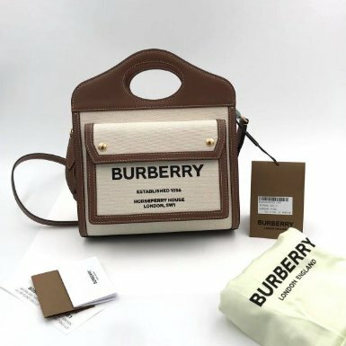 Burberry  迷你雙色調帆布拼皮革 Pocket 包 自然色/麥芽棕色