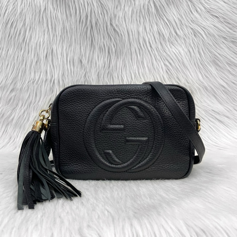Gucci 308364黑牛皮Soho Disco系列流蘇斜背相機包-0