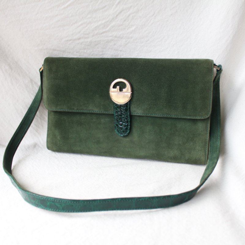Gucci vintage 60s苔綠色麂皮古董信封包-0