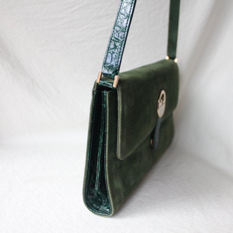 Gucci vintage 60s苔綠色麂皮古董信封包-5