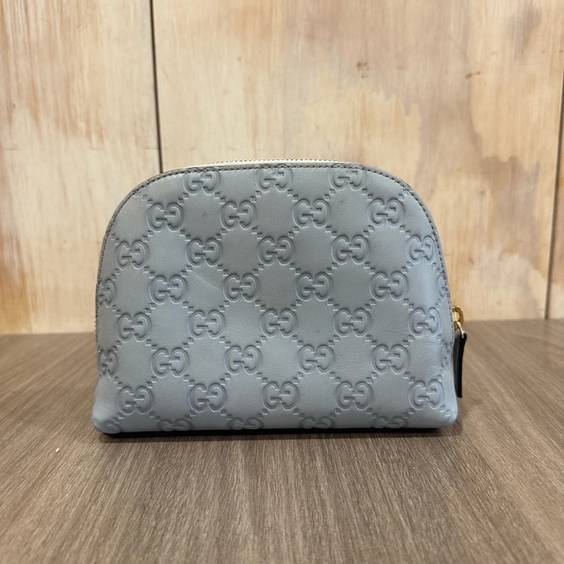 Gucci 141810 淺藍牛皮壓紋拉鍊化妝包 零錢包-0