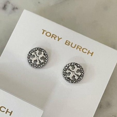 【預購】Tory Burch 銀色圓形鑲水晶鏤空雙T耳環 耳釘