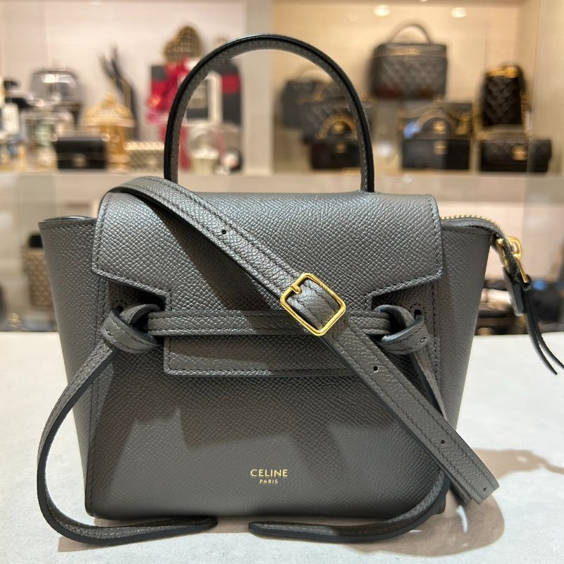 CELINE PICO BELT荔枝紋小牛皮手提斜背包/灰-0