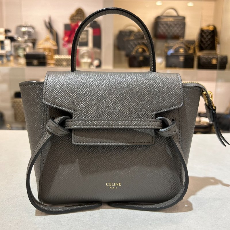 CELINE PICO BELT荔枝紋小牛皮手提斜背包/灰-1