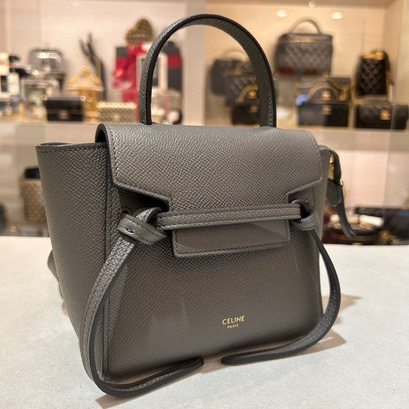 CELINE PICO BELT荔枝紋小牛皮手提斜背包/灰-2