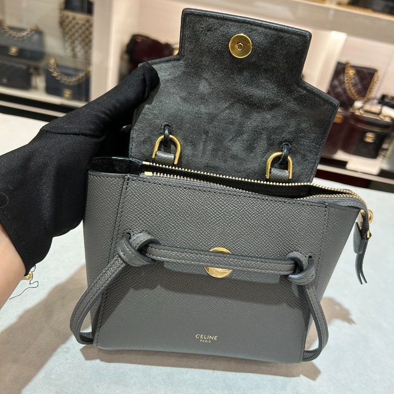 CELINE PICO BELT荔枝紋小牛皮手提斜背包/灰-5