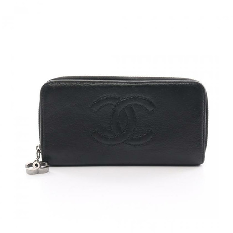【日本直送】 中古CHANEL[B]luxury line 圓形拉鍊長錢包 皮革 黑色 銀色五金