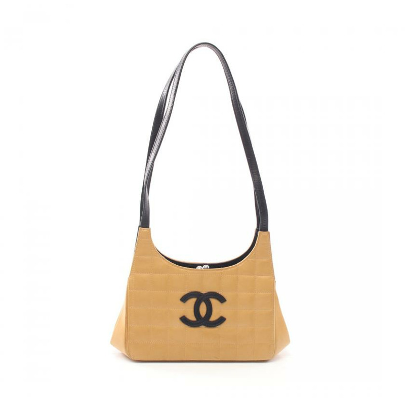 【日本直送】 中古CHANEL[B]Chocolate Bar 肩包 小羊皮 米色 黑色 銀色五金 雙色 蛙嘴-0