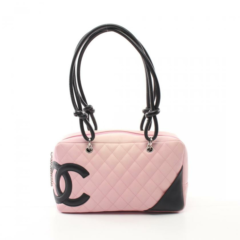 【日本直送】 中古CHANEL[B]康鵬系列 保齡球包 真皮肩包 粉色 黑色-0