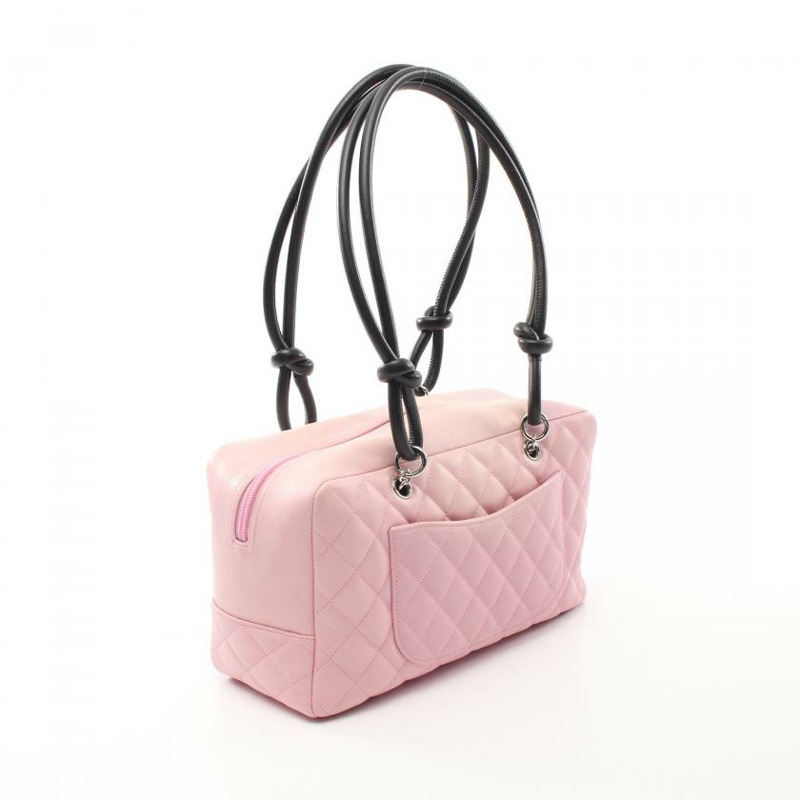 【日本直送】 中古CHANEL[B]康鵬系列 保齡球包 真皮肩包 粉色 黑色-1