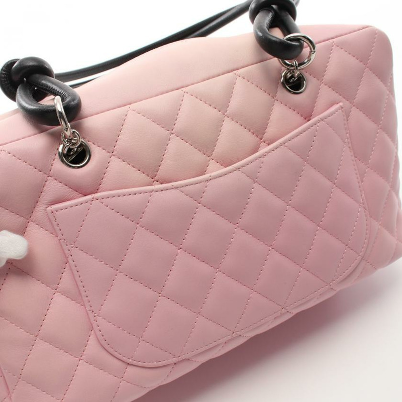 【日本直送】 中古CHANEL[B]康鵬系列 保齡球包 真皮肩包 粉色 黑色-4