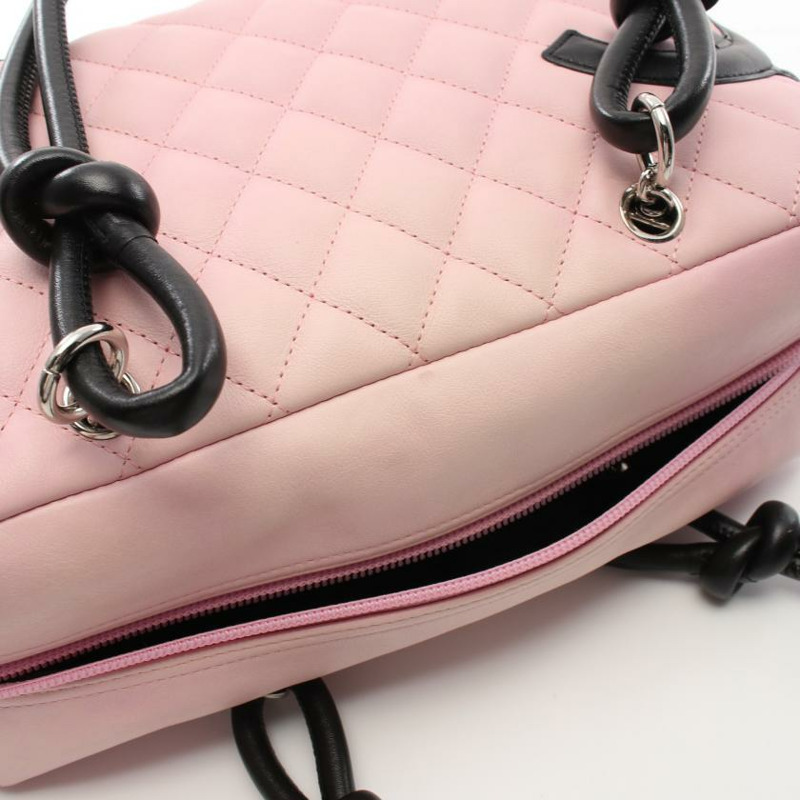 【日本直送】 中古CHANEL[B]康鵬系列 保齡球包 真皮肩包 粉色 黑色-6