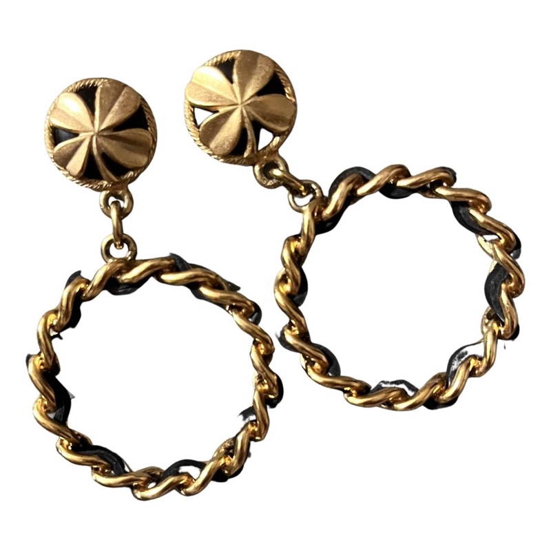 Chanel vintage香奈兒復古稀有款幸運草🍀四葉草黑金垂吊鏈條圈圈造型古董夾式耳環-0
