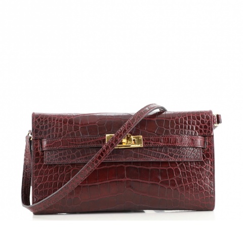 HERMES kelly to go KTG 愛馬仕長夾 可背 酒紅色鱷魚皮