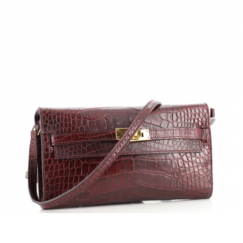 HERMES kelly to go KTG 愛馬仕長夾 可背 酒紅色鱷魚皮-1