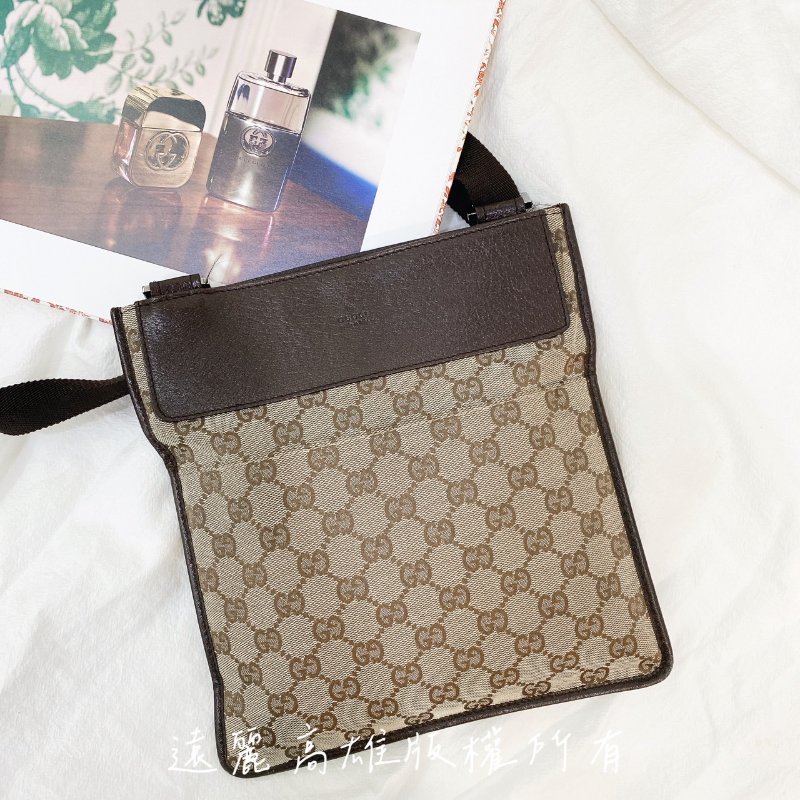 Gucci 咖緹花布咖牛皮邊前後口袋斜背扁包-0