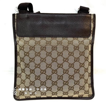 Gucci 咖緹花布咖牛皮邊前後口袋斜背扁包-2