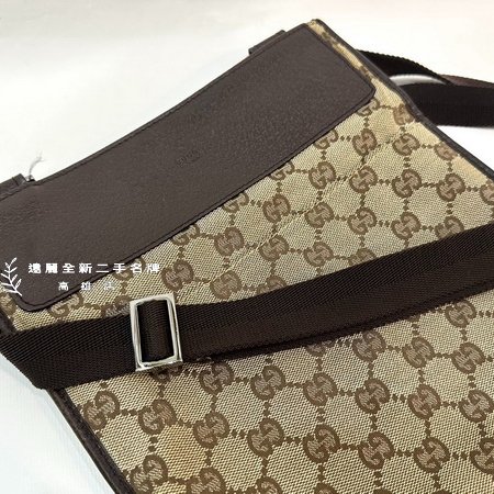 Gucci 咖緹花布咖牛皮邊前後口袋斜背扁包-3