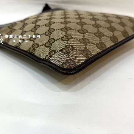 Gucci 咖緹花布咖牛皮邊前後口袋斜背扁包-5