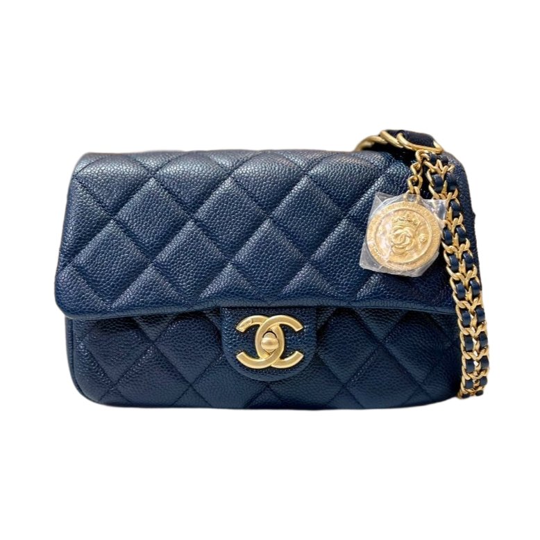 【CHANEL】香奈兒 荔枝皮18cm藍金 金幣小方胖 晶片款 側/斜背包 (全新商品)|PopChill 拍拍圈