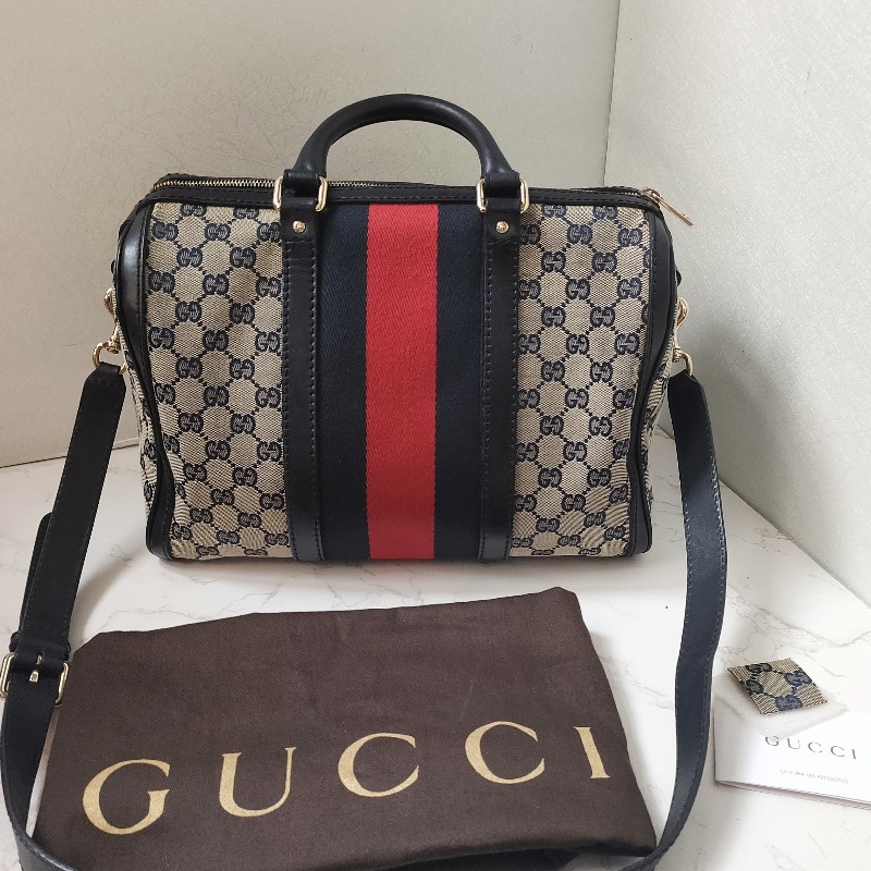 9成新正品gucci 經典Navy blue藍紅藍斜背波士頓包-1