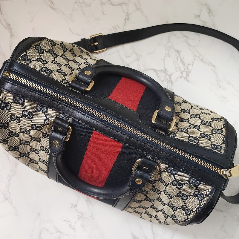 9成新正品gucci 經典Navy blue藍紅藍斜背波士頓包-2