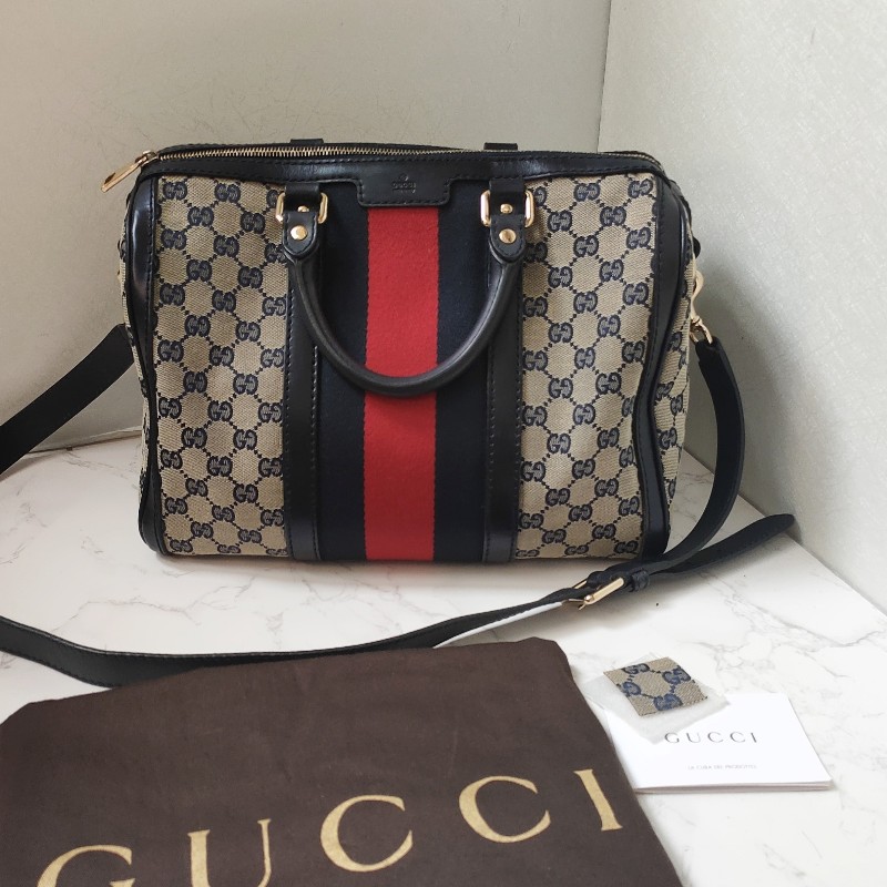 9成新正品gucci 經典Navy blue藍紅藍斜背波士頓包-5
