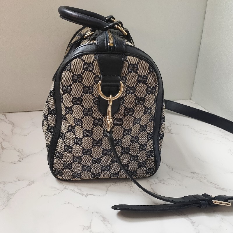 9成新正品gucci 經典Navy blue藍紅藍斜背波士頓包-6