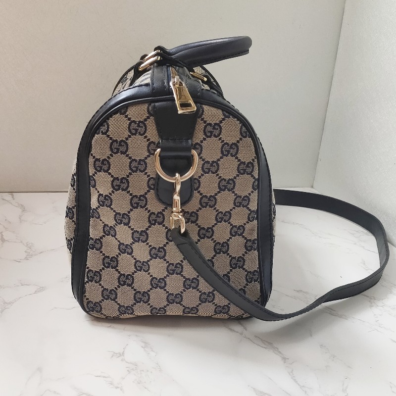 9成新正品gucci 經典Navy blue藍紅藍斜背波士頓包-7