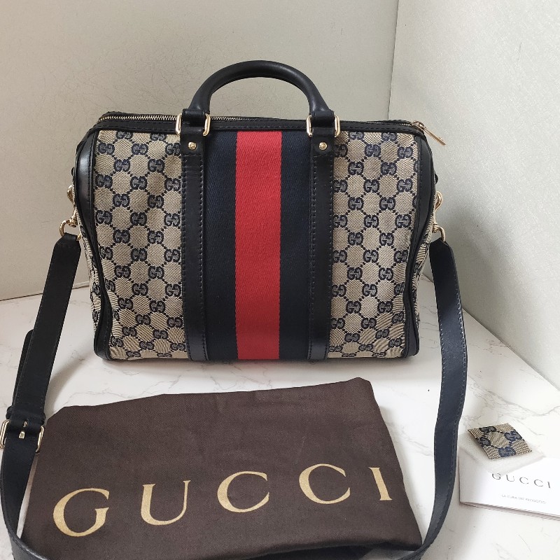 9成新正品gucci 經典Navy blue藍紅藍斜背波士頓包-8