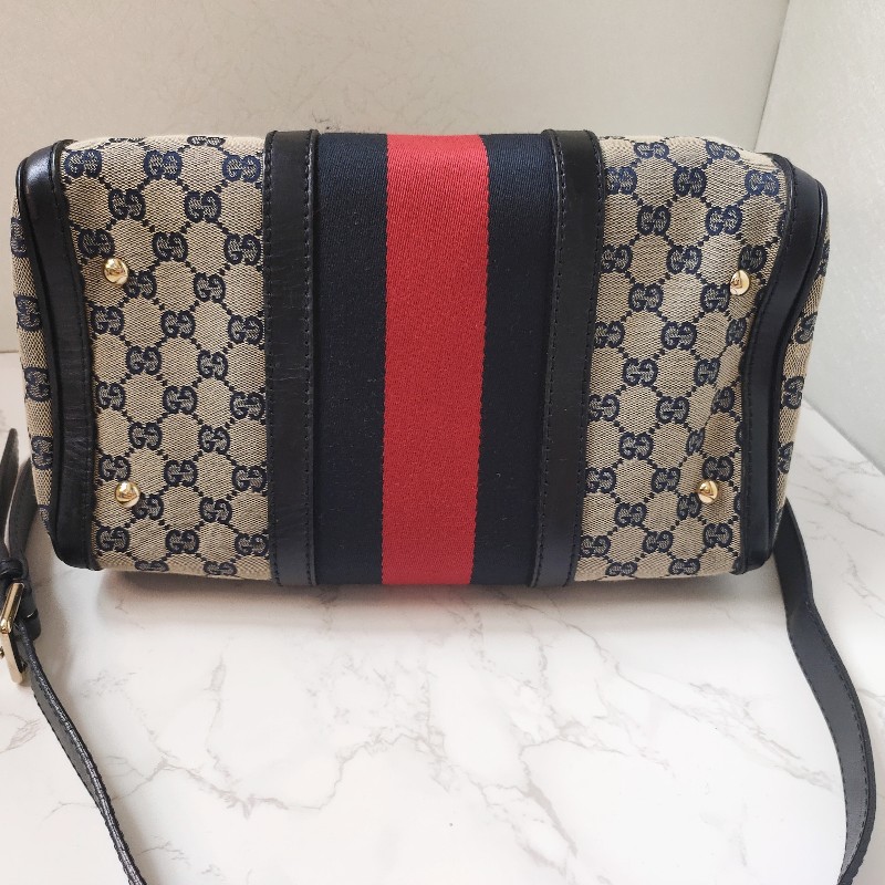 9成新正品gucci 經典Navy blue藍紅藍斜背波士頓包-9