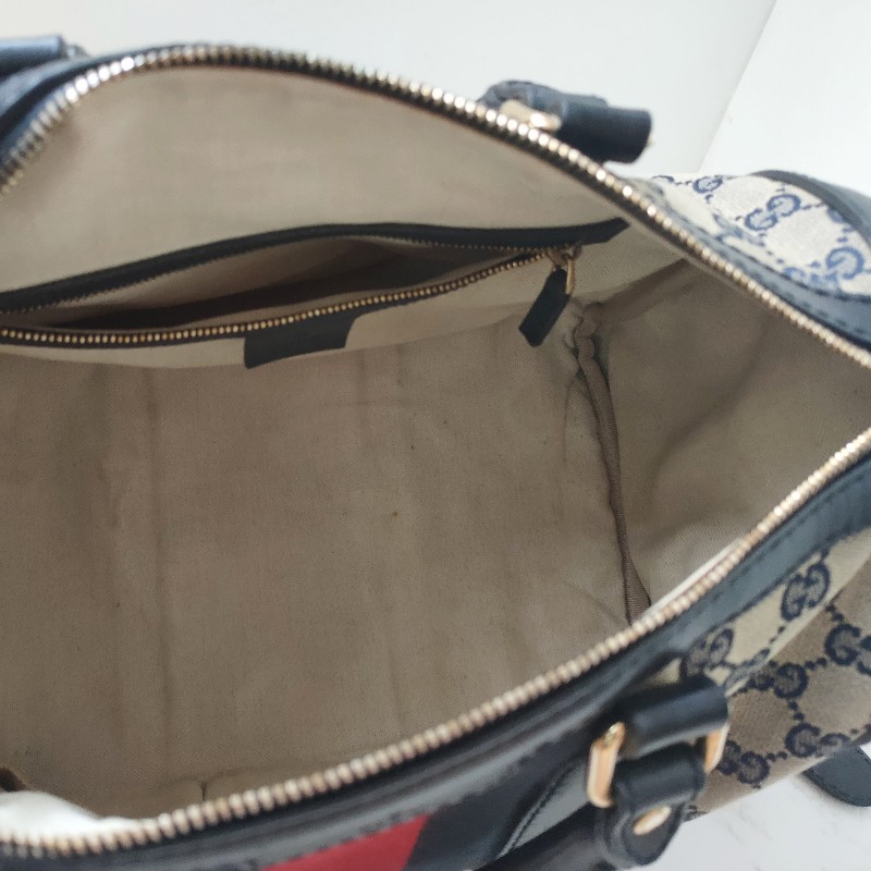 9成新正品gucci 經典Navy blue藍紅藍斜背波士頓包-10
