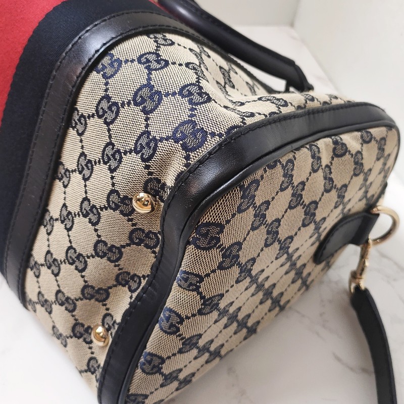 9成新正品gucci 經典Navy blue藍紅藍斜背波士頓包-13