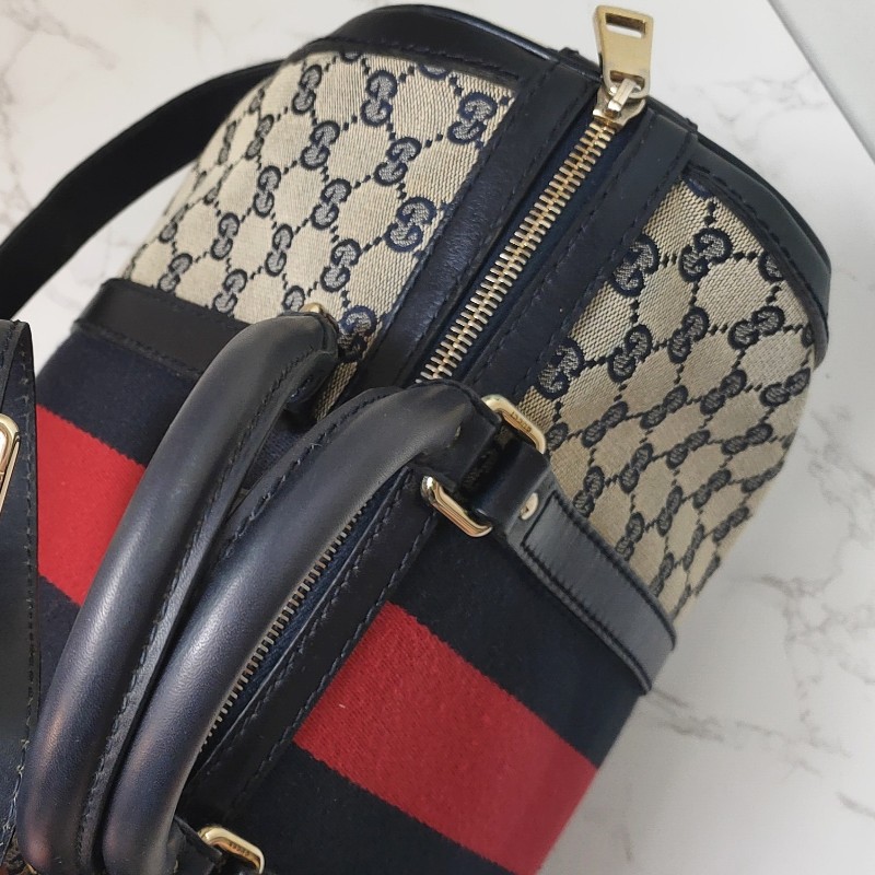 9成新正品gucci 經典Navy blue藍紅藍斜背波士頓包-18