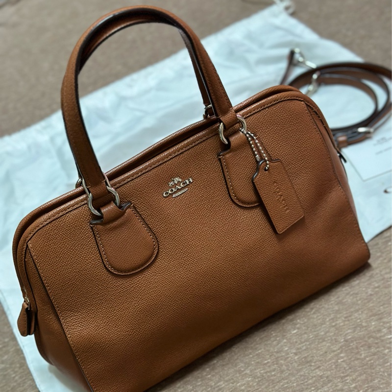 COACH 鵝卵石紋拉鍊手提斜背兩用包(咖啡棕色)-1