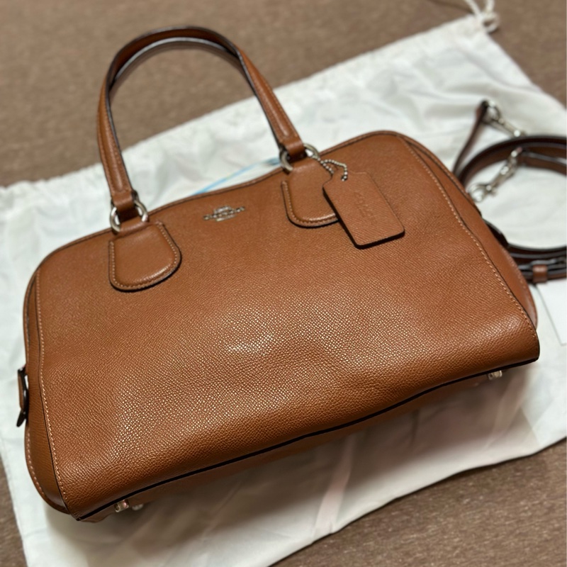 COACH 鵝卵石紋拉鍊手提斜背兩用包(咖啡棕色)-3