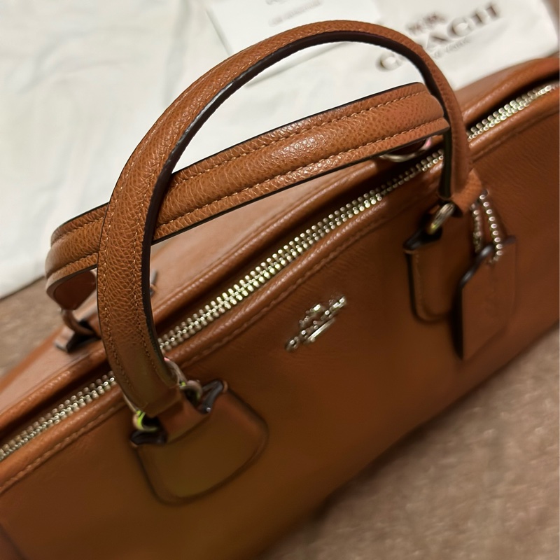 COACH 鵝卵石紋拉鍊手提斜背兩用包(咖啡棕色)-4