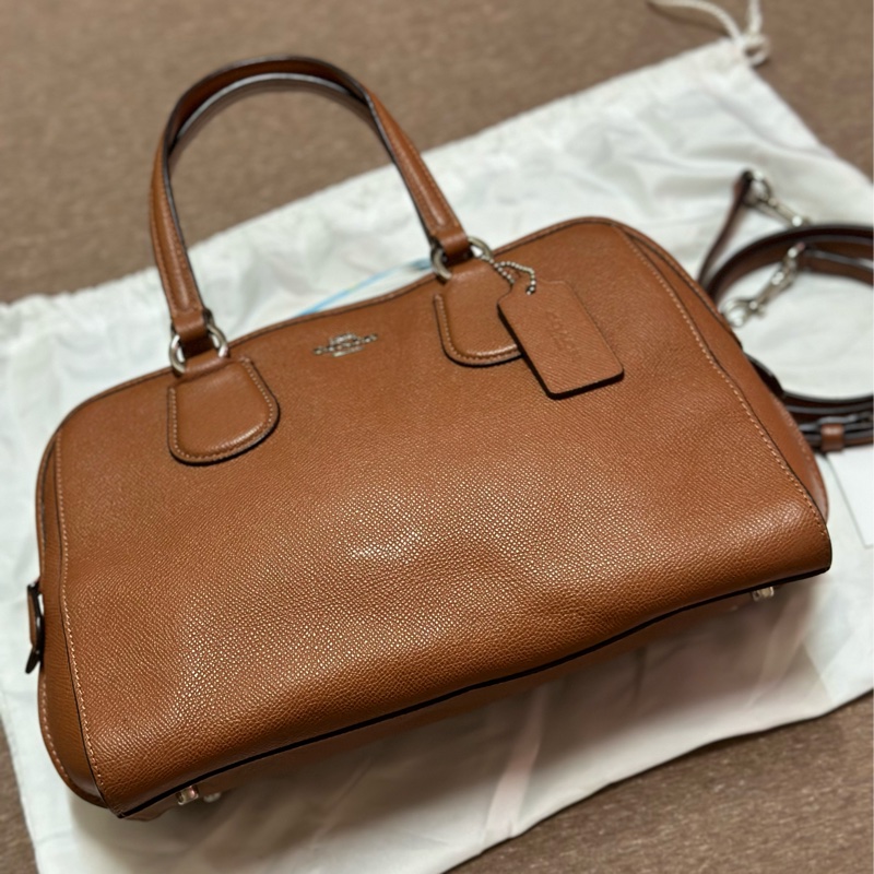 COACH 鵝卵石紋拉鍊手提斜背兩用包(咖啡棕色)-5