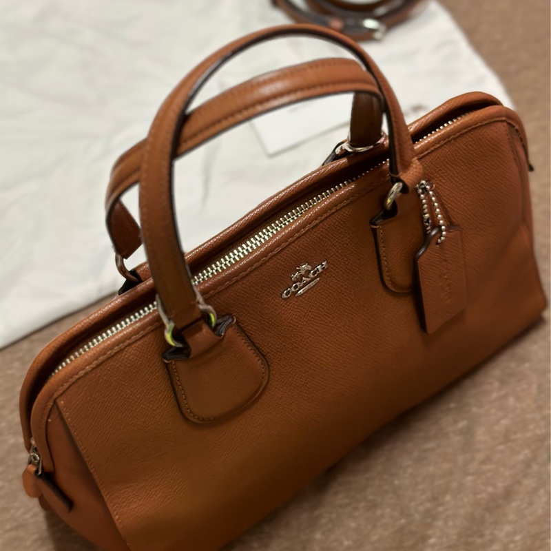 COACH 鵝卵石紋拉鍊手提斜背兩用包(咖啡棕色)-6