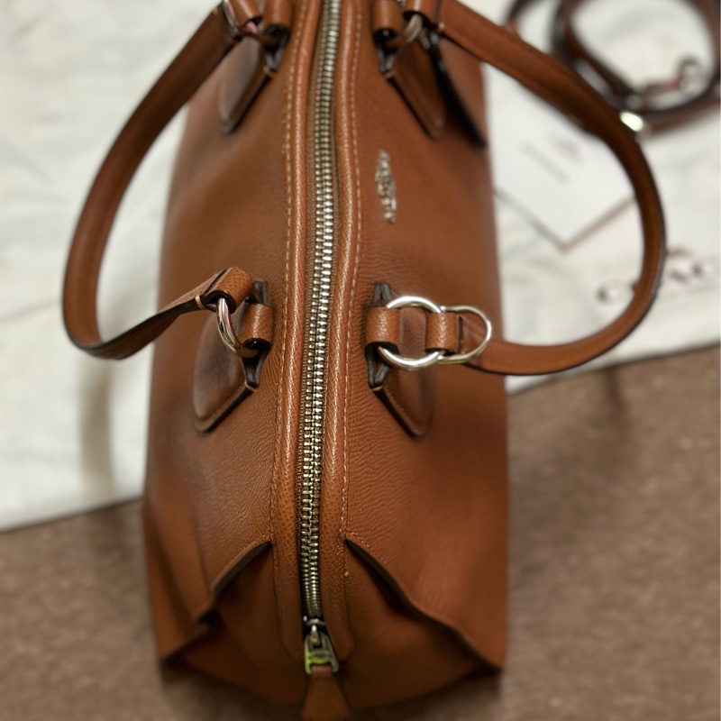 COACH 鵝卵石紋拉鍊手提斜背兩用包(咖啡棕色)-9