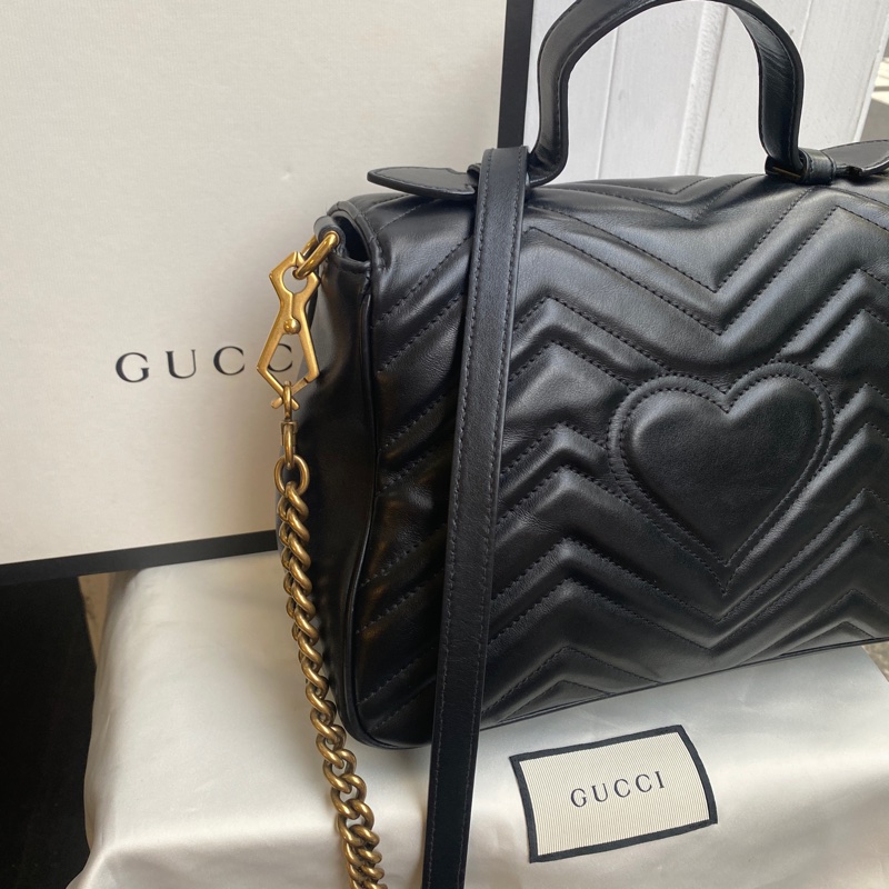 「已售出」二手真品GUCCI 498110 GG Marmont黑色牛皮山形紋復古金扣手提側背包小款-3
