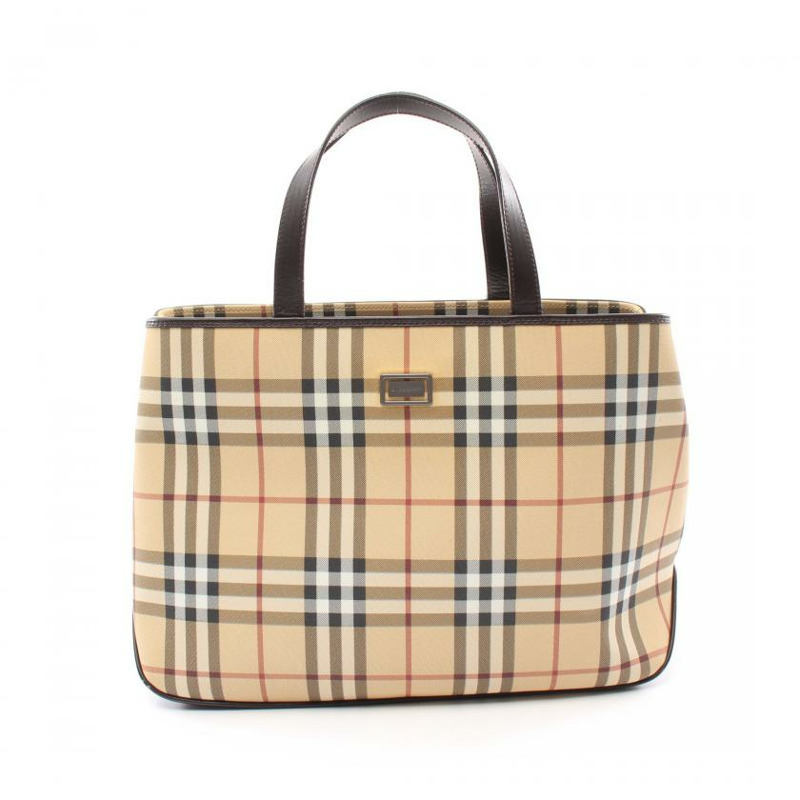 【日本直送】 中古BURBERRY LONDON[B]NOVA CHECK格紋 手包 托特包 PVC 皮革 淺褐色 多色-0