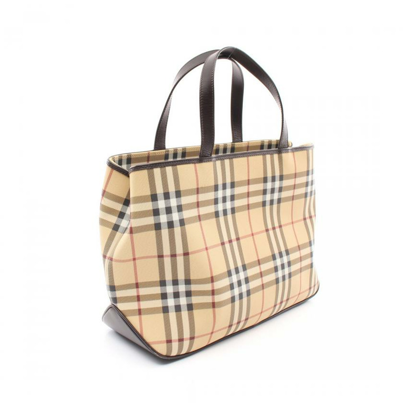 【日本直送】 中古BURBERRY LONDON[B]NOVA CHECK格紋 手包 托特包 PVC 皮革 淺褐色 多色-1
