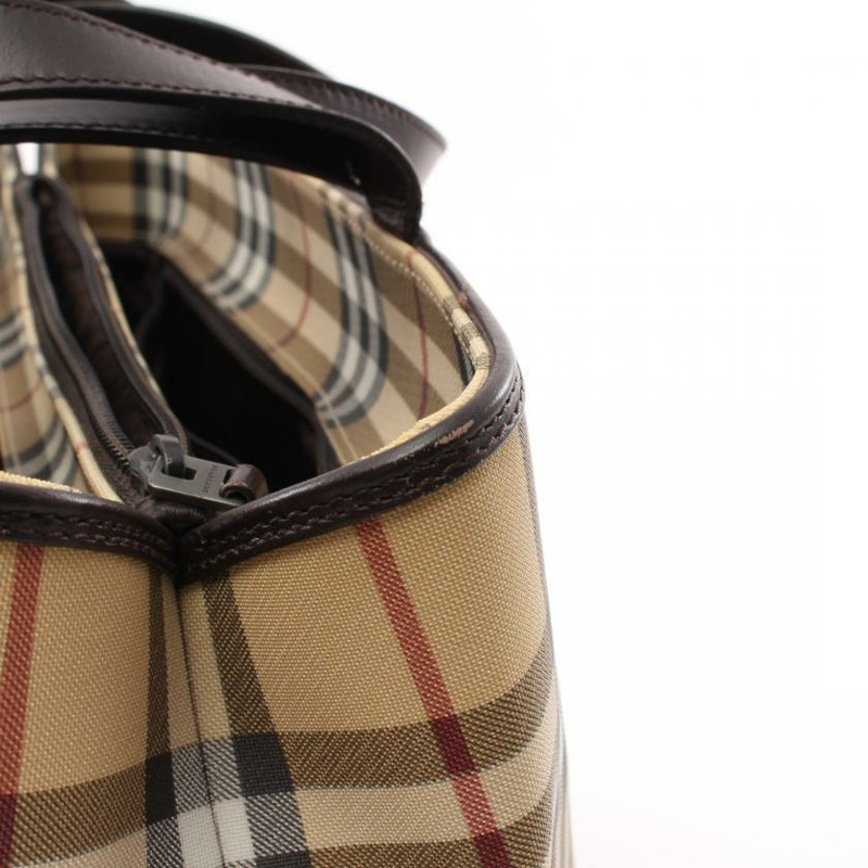 【日本直送】 中古BURBERRY LONDON[B]NOVA CHECK格紋 手包 托特包 PVC 皮革 淺褐色 多色-4