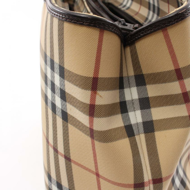 【日本直送】 中古BURBERRY LONDON[B]NOVA CHECK格紋 手包 托特包 PVC 皮革 淺褐色 多色-5