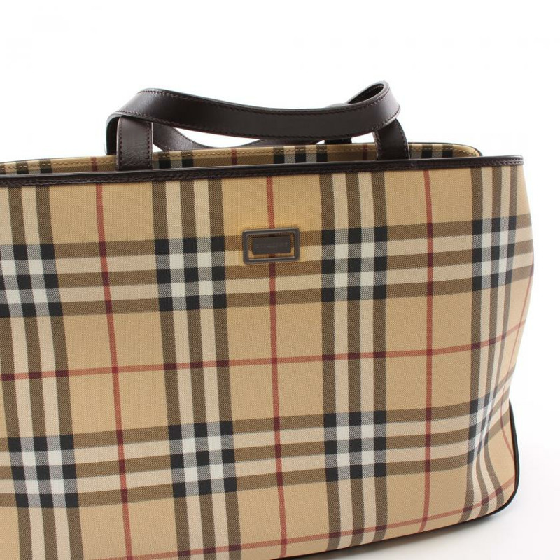 【日本直送】 中古BURBERRY LONDON[B]NOVA CHECK格紋 手包 托特包 PVC 皮革 淺褐色 多色-6