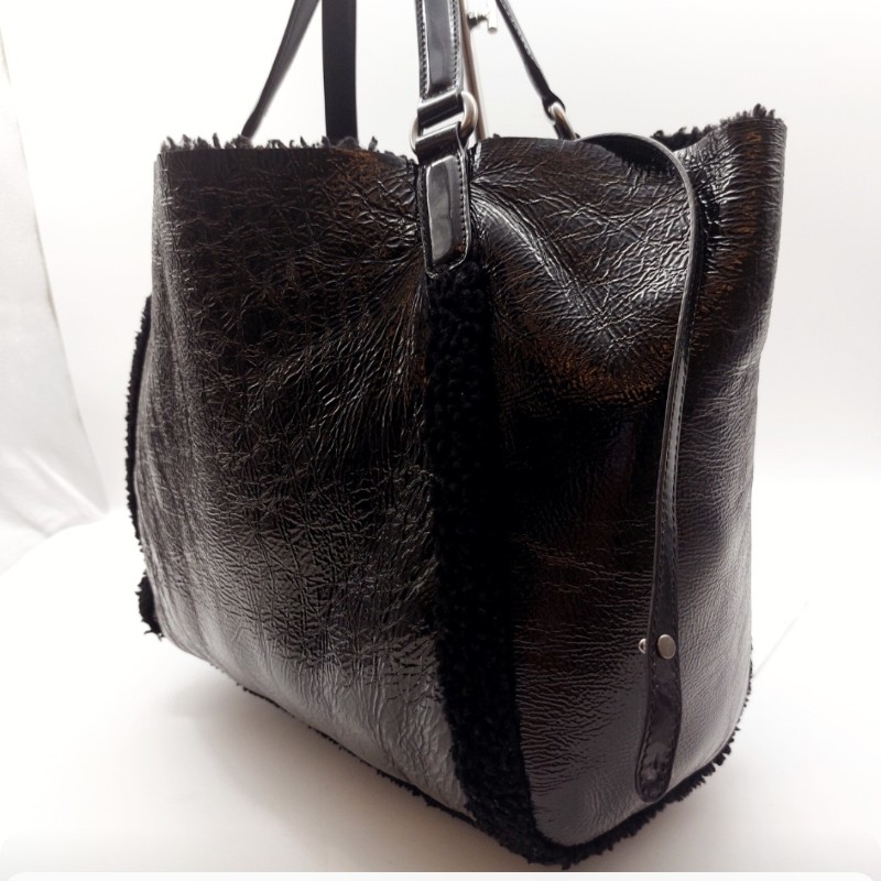 二手 GUCCI 經典 古馳 282309 黑色 漆皮 毛絨 SOHO GG 大雙
 G壓印雙G流蘇單鍊漆皮革肩包
 LOGO 托特包,手提包-13