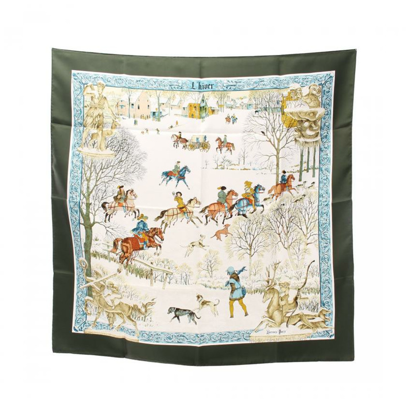 【日本直送】 中古HERMES[AB]方巾90 「L'HIVER」 絲巾 絲 灰綠色 多彩色-0